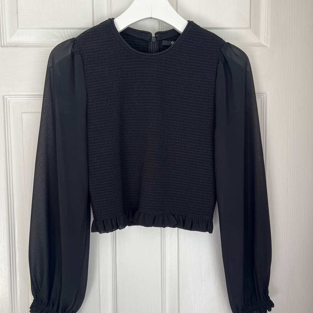 Quince Black Chiffon Cropped Smocked Blouse - Size S